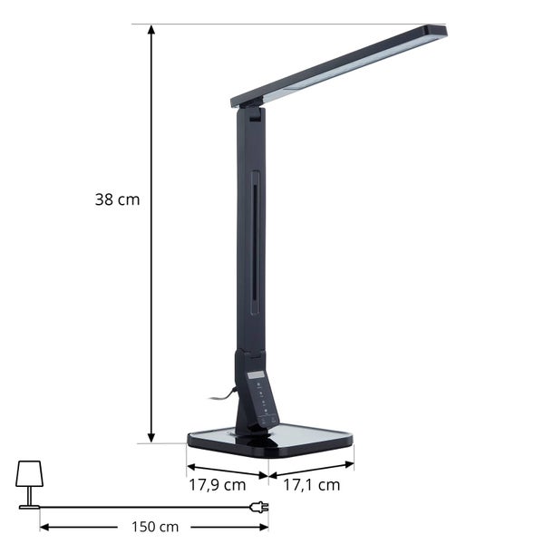 LED-Schreibtischleuchte schwarz mit Maßangaben: Höhe 38 Zentimeter, Fuß 17,9 mal 17,1 Zentimeter, Kabellänge 150 Zentimeter.