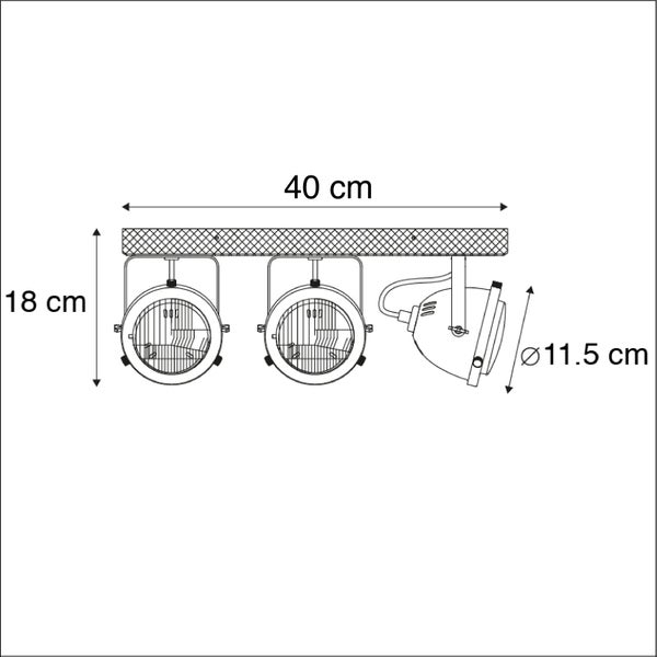 Technische Zeichnung einer 40 Zentimeter langen Deckenleuchte mit drei Strahlern, Höhe 18 Zentimeter, Durchmesser 11,5 Zentimeter