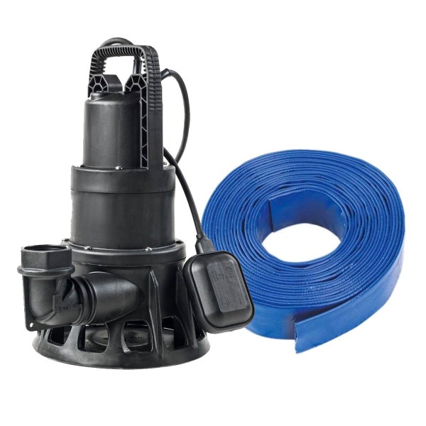 Tauchpumpe mit Schwimmerschalter und blauem Schlauch