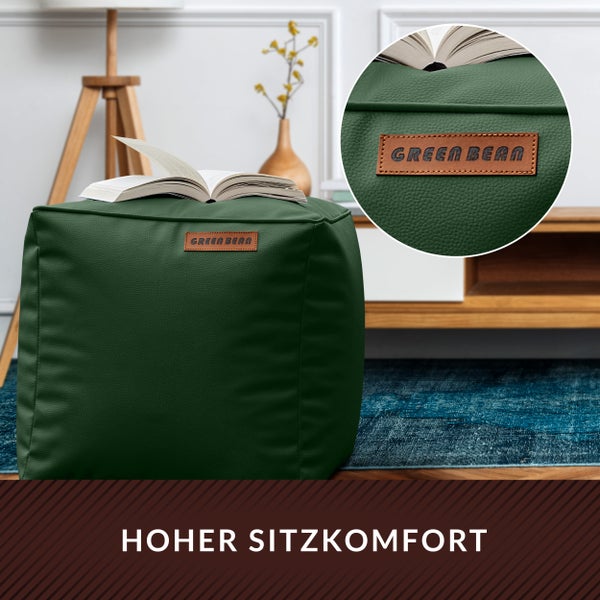 Grüner Sitzwürfel aus Kunstleder mit Buch und Green Bean Logo