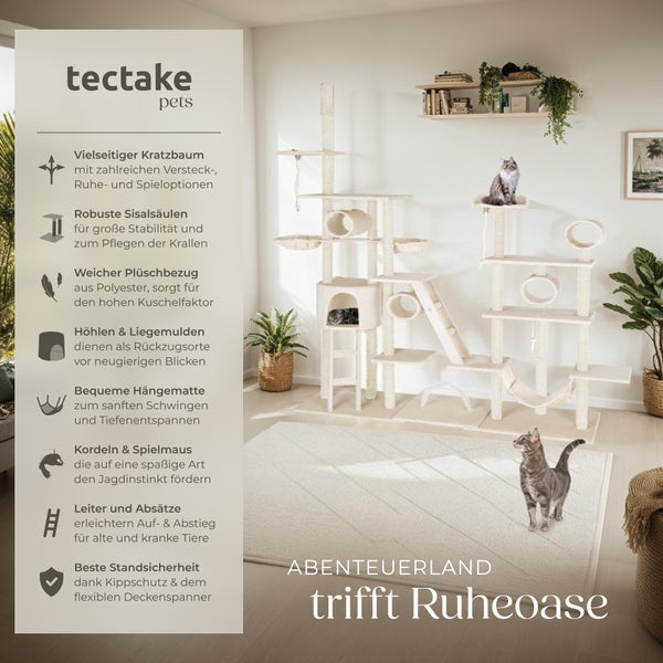 Kratzbaum tectake Snooky inklusive 2 Treppen, 2 Spielkordeln, Kratzbogen, Deckenspanner und Kippschutz 234 bis 261 cm beige
