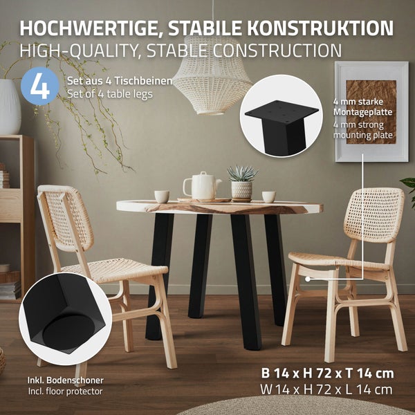 ML-Design 4er Set Tischbeine schräg 72 cm, Schwarz glänzend, aus pulverbeschichtetem Stahl, eckig, Profil 8x8 cm, I-Form, Möbelfüße Metall 96° Neigung, Tischfüße Möbelbeine für Esstisch & Schreibtisch