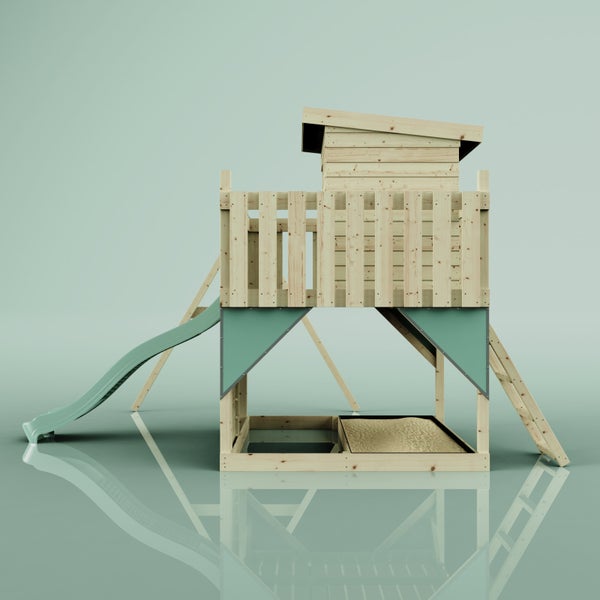 Spielturm aus Holz mit Rutsche, Kletterleiter und integriertem Sandkasten für den Garten.