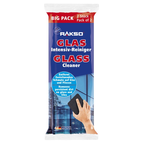 Rakso Glas Intensiv-Reiniger, Packung mit 2 Stück, zum Entfernen von hartnäckigem Schmutz auf Glas und Fliesen.