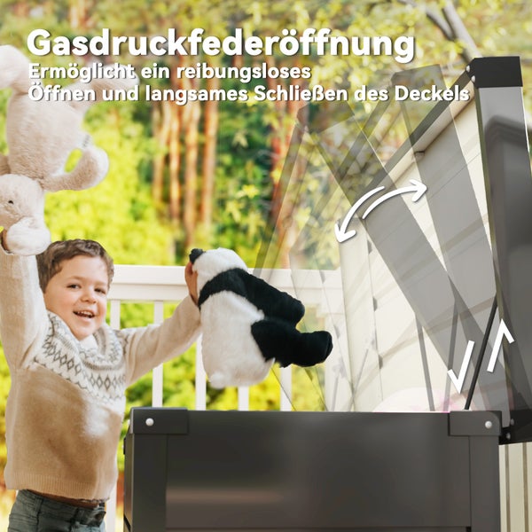Metall-Gartenbox mit Gasdruckfederöffnung für sanftes Öffnen und Schließen des Deckels, Kind räumt Spielzeug in die Box ein.