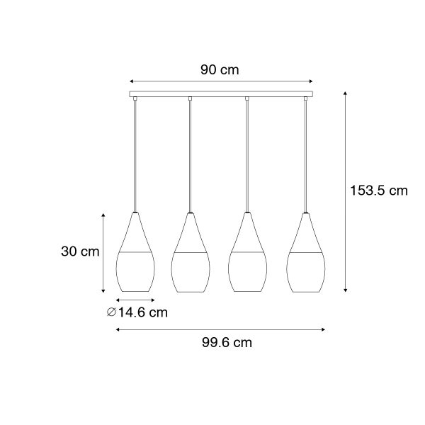 Technische Zeichnung einer Pendelleuchte mit vier Lampen und Maßangaben