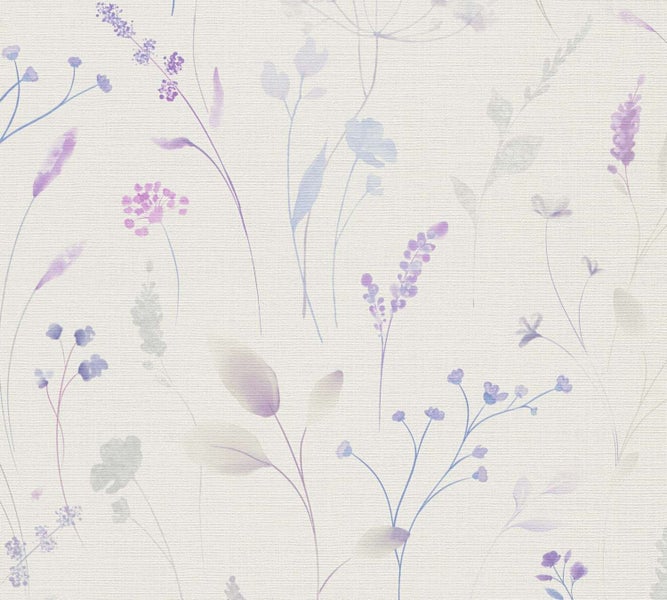 Tapete mit dezentem Wiesenblumenmuster im Aquarellstil auf strukturiertem Untergrund
