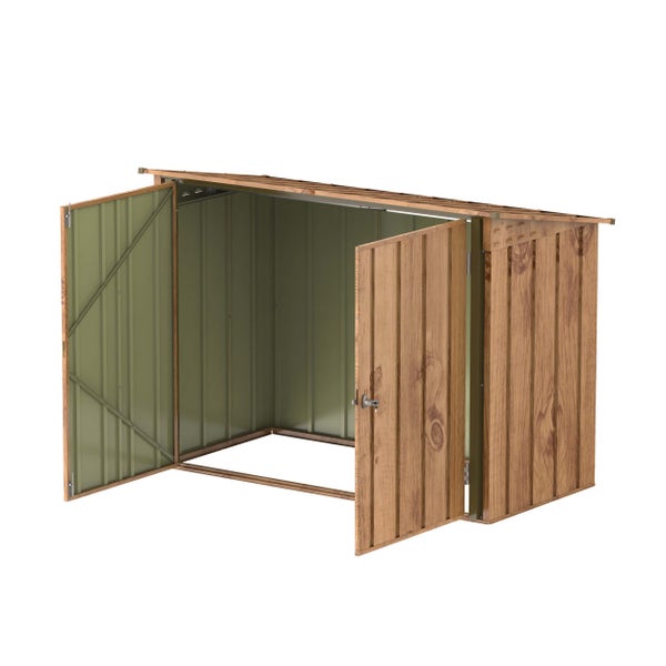 Garten-Geräteschuppen aus Metall mit Holzoptik, geöffnete Doppeltüren und Pultdach.