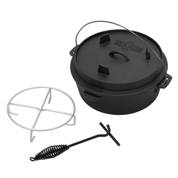 BBQ#BOSS Dutch Oven Set BBQ 7,3 Liter, Eingebrannter Feuertopf aus Gusseisen, Kochtopf mit Deckelheber und Edelstahluntersetzer, Schmortopf mit Schlitz für Themormeter, Grilltopf für Outdoor & Indoor