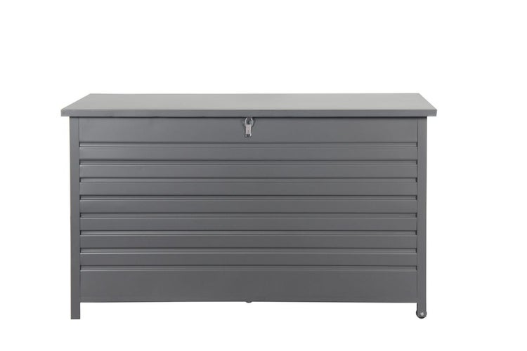 Gartenbox aus grauem Metall mit flachem Deckel und horizontaler Lamellenoptik.
