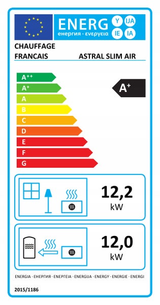 Europäisches Energielabel für Heizgerät Chauffage Francais Astral Slim Air, Energieeffizienzklasse A plus, Wärmeleistung 12,2 und 12,0 Kilowatt.