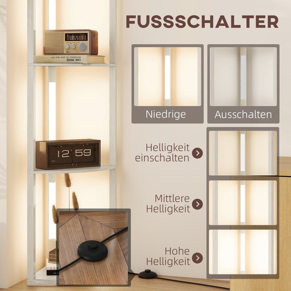 Eckregal mit integrierter Beleuchtung und Fußschalter zur Einstellung von drei Helligkeitsstufen. Dekoriert mit Radio und Uhr.