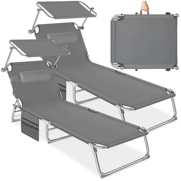 Zweier-Set klappbare Gartenliegen mit verstellbarem Sonnendach, Kopfkissen und Seitentasche, grauer Bezug, silbernes Metallgestell.
