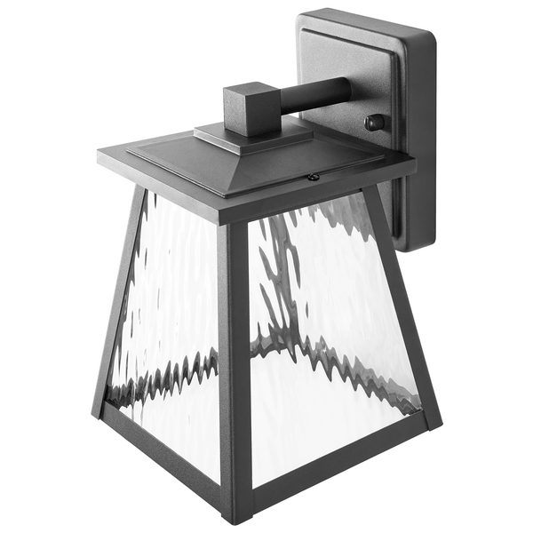 Auenwandleuchte in Laternenform aus schwarzem Metall mit strukturierten Glaseinstzen.