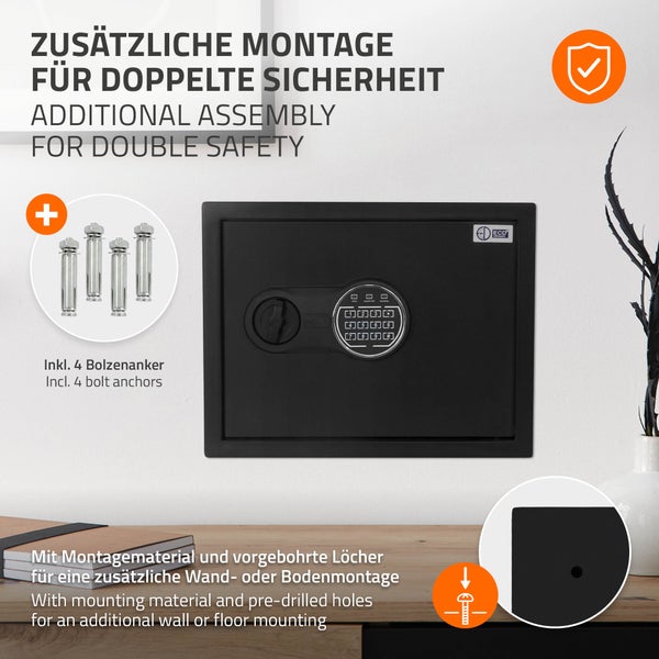 ECD Germany Safe Tresor 27L 38x30x29,5cm, stabiler Stahl, Wandtresor mit Sensorlicht & Digitale Tastatur für Schmuck Bargeld Dokumente, Elektronischer Möbeltresor Geldkassette mit PIN-Code, Schlüssel