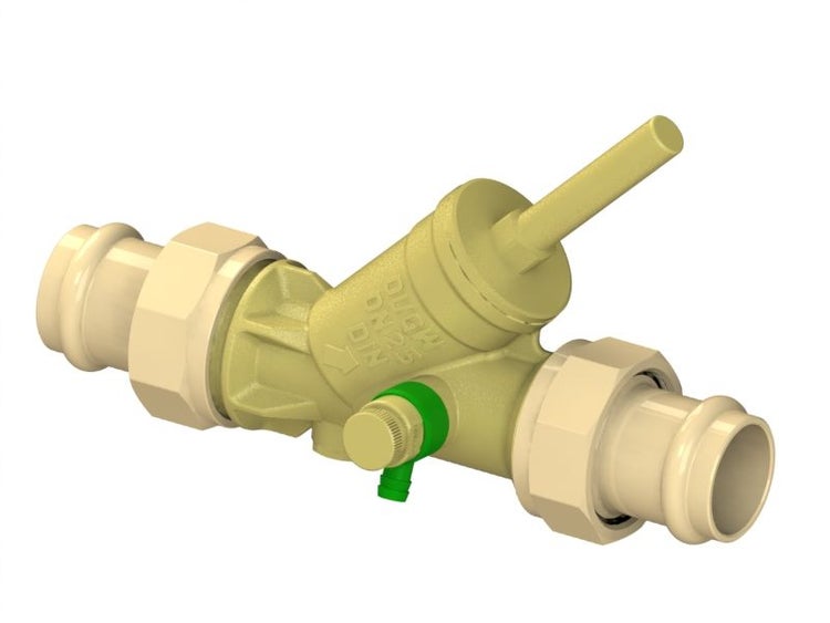 Schrägsitzventil mit Pressanschlüssen und Entleerungsventil, Nennweite 25, aus Messing