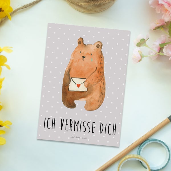 Mr. & Mrs. Panda Postkarte Bär Vermissen - Grau Pastell