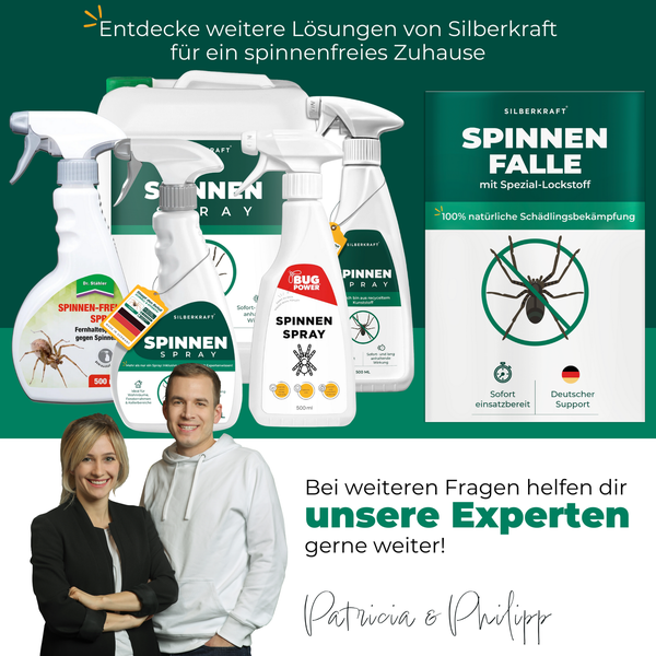 Produktreihe von Silberkraft zur Spinnenbekämpfung, darunter Spinnenfalle und Spinnenspray.