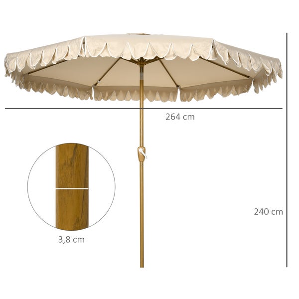 Outsunny Sonnenschirm mit verstellbarer Neigung, Strandschirm mit Fransen, 8 Streben, für Garten, Balkon, Ø264 cm, Polyester, Stahl, Khaki