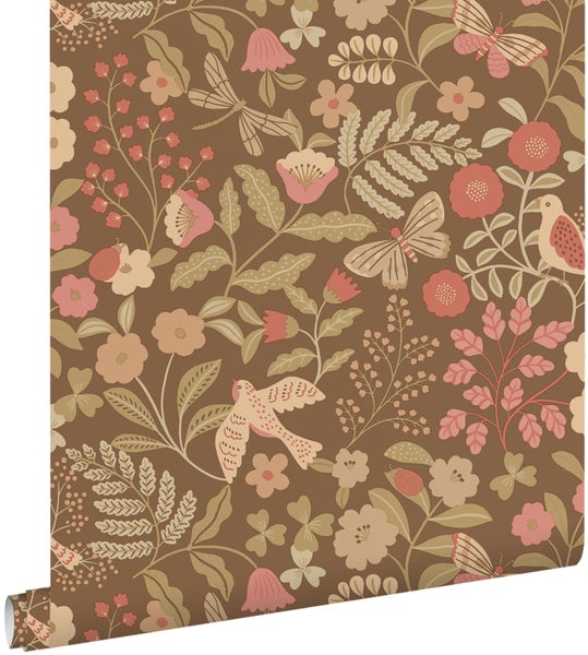 ESTAhome Tapete Blumen und Vögel Graugrün und Rosa - 50 x 900 cm - 131468