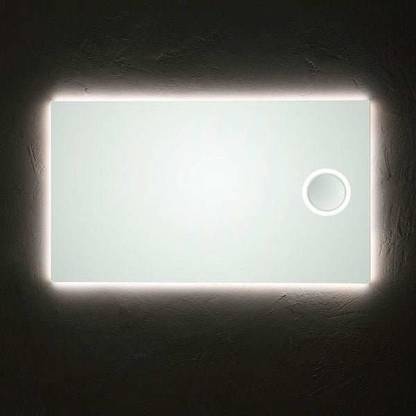 Rechteckiger LED-Badezimmerspiegel mit Hintergrundbeleuchtung und integriertem runden Kosmetikspiegel mit Leuchtring.