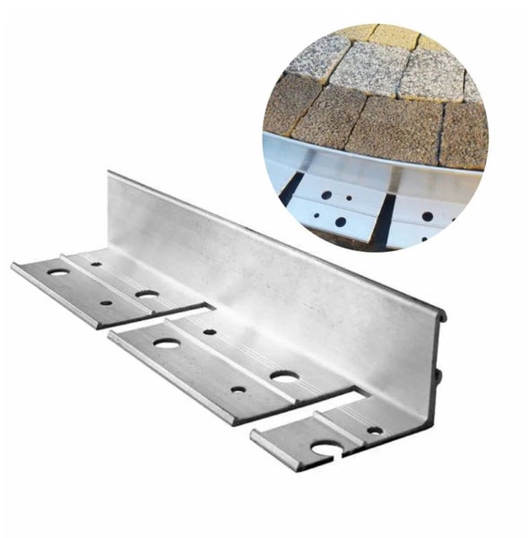 L-förmiges Kantenprofil aus Metall zur Beeteinfassung oder für Pflastersteine mit vorgebohrten Löchern zur Befestigung.