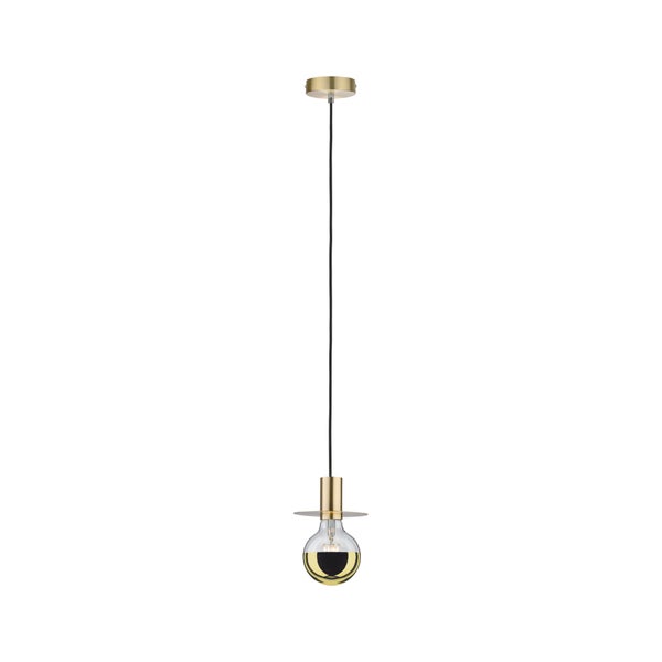 Moderne Pendelleuchte mit Metallfassung und runder Glühlampe an schwarzem Kabel für die Innenbeleuchtung