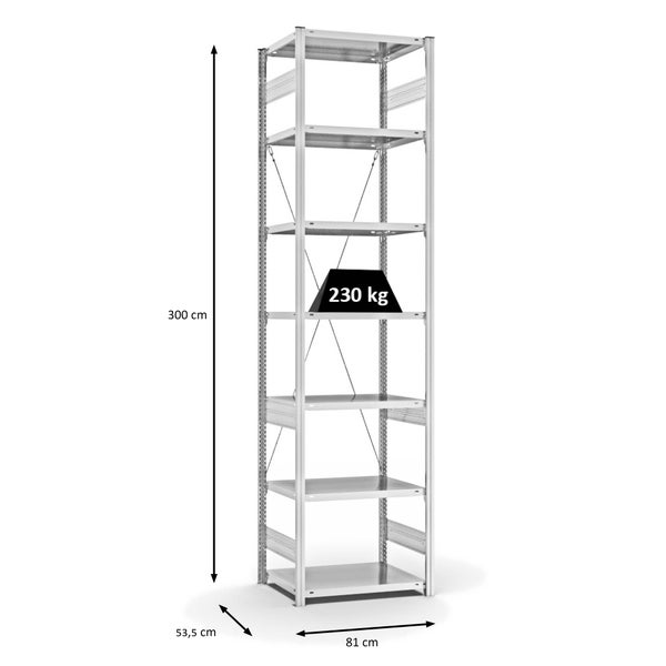 PROREGAL Fachbodenregal Stecksystem T-Profil Medium-Duty Grundregal HxBxT 300 x 75 x 50 cm 7 Ebenen Fachlast 230 kg Einseitig Nutzbar Lichtgrau