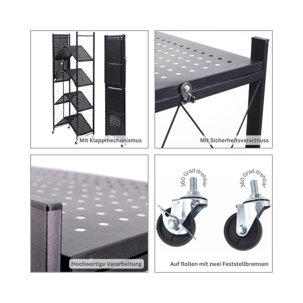 Detailansichten eines schwarzen, klappbaren Metallregals mit Rollen