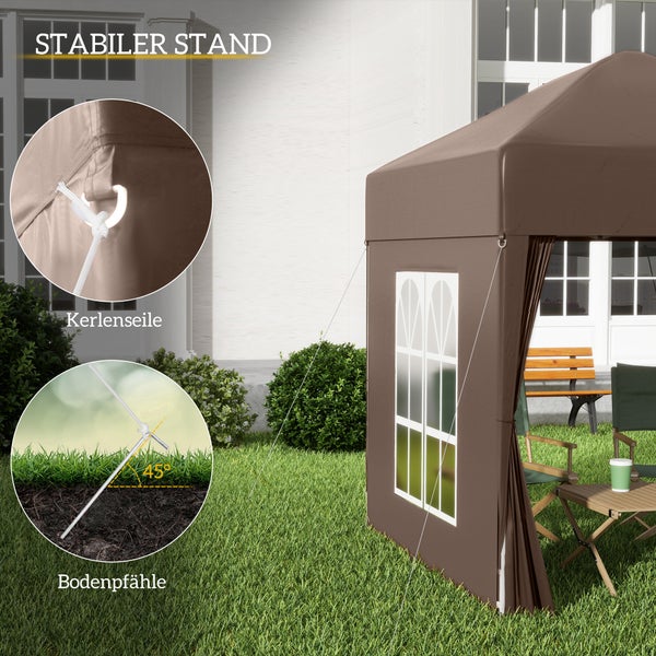 Outsunny Pavillon 2x2m Wasserdicht, Pop-up Faltpavillon mit 4 Seitenwänden, Abflusslöcher Fenster, faltbar Partyzelt UV 30+, Gartenzelt mit Tragetasche, Gartenpavillon für Terrasse, Braun