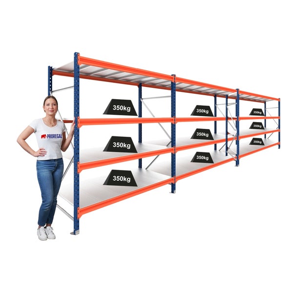 PROREGAL Weitspannregal mit einer Traglast von 350 Kilogramm pro Fachboden, blau-orange.