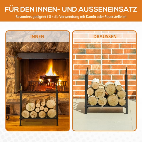 Outsunny Kaminholzregal, mit zwei Griffen Kaminbesteck, 50 kg belastbar, 39 x 32,5 x 46 cm, Metall, Schwarz