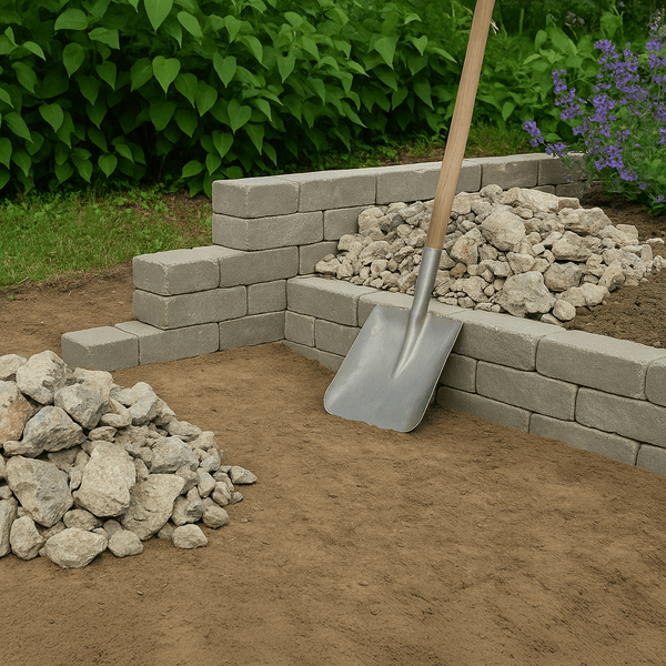 Szene mit Gartenmauer aus Steinen, Schaufel und Kies