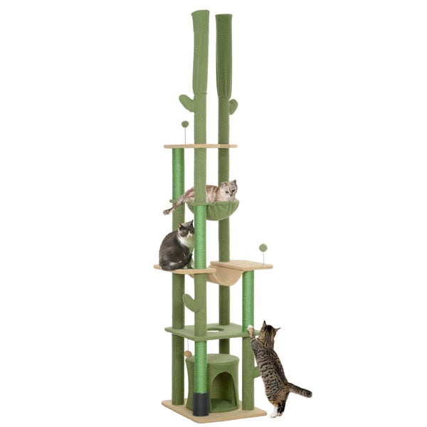 PawHut Kratzbaum Deckenhoch, Katzenbaum, 225-255 cm Katzenkratzbaum mit Katzenhöhle, Kratzstämmen, Korb, Spielball, Katzenmöbel mit Kippschutz, Grün