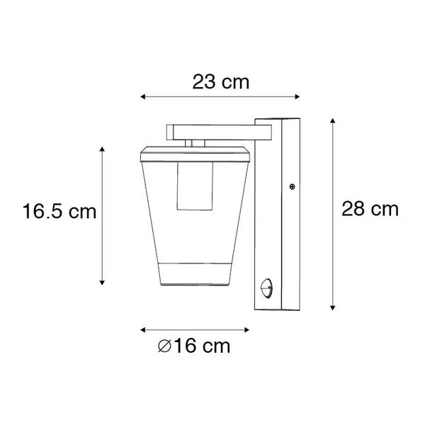 Maßzeichnung Wandleuchte: Gesamthöhe 28 Zentimeter, Tiefe 23 Zentimeter, Schirmhöhe 16,5 Zentimeter, Durchmesser 16 Zentimeter.