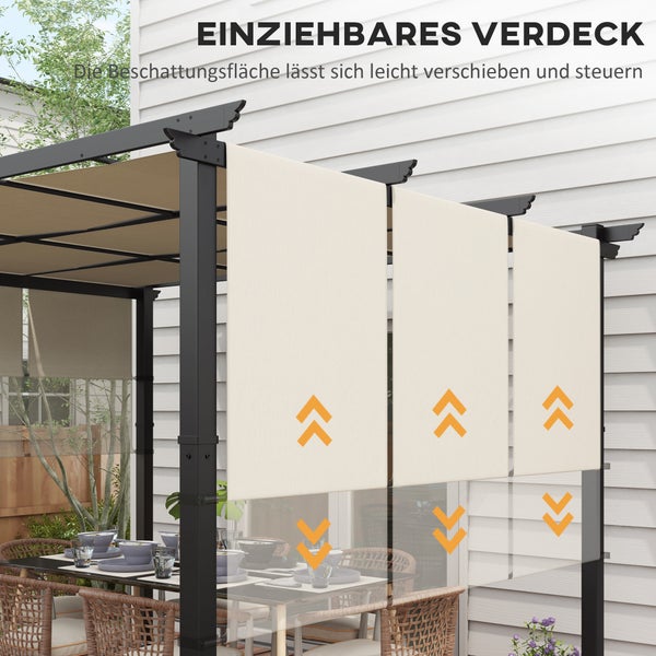 Schwarze Metall-Pergola mit ausziehbarem beigefarbenem Sonnendach und Seitenmarkisen auf einer Terrasse.