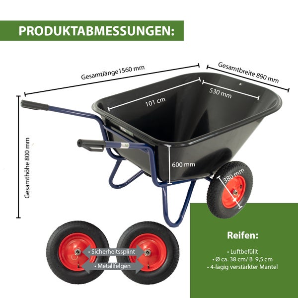 2-Rad Schubkarre XXL 290 L 300 kg Gartenschubkarre Hofkarre Schiebkarre Luftrad Metallfelgen schwarz