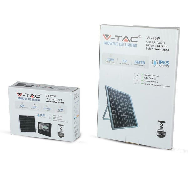 V-TAC VT-25W - Solar-Flutlicht - 12W - Schwarz - IP65 - 550 Lumen - 6000K
