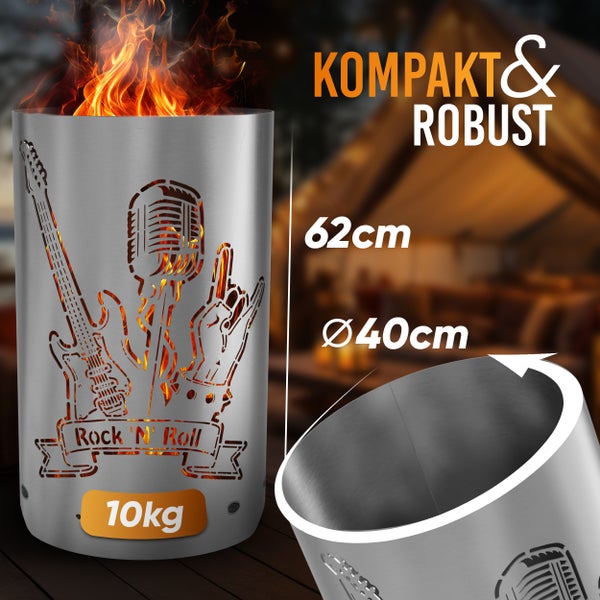 Feuersäule aus Metall mit Rock'n'Roll-Motiv, 62 cm hoch und 40 cm Durchmesser