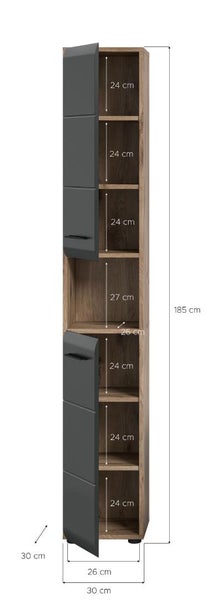 Maßzeichnung eines Badezimmer-Hochschranks in Holzoptik mit grauen Türen. Höhe 185 Zentimeter, Breite 30 Zentimeter, Tiefe 30 Zentimeter.