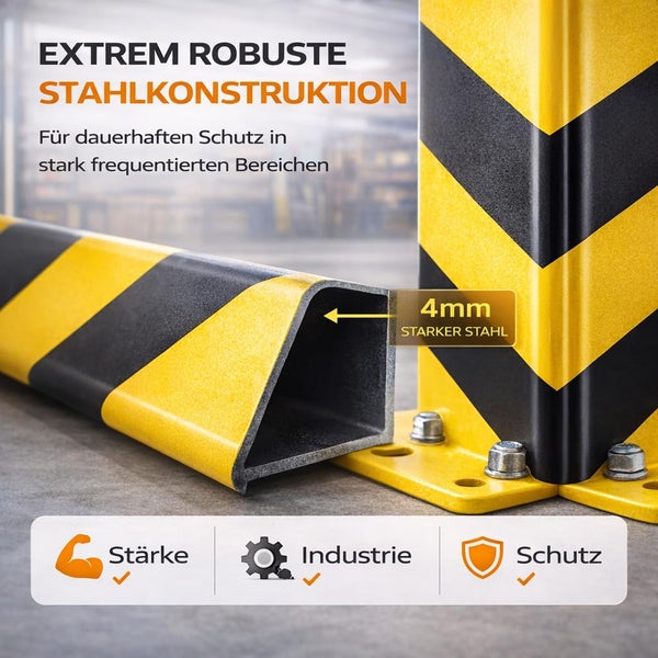 Gelb-schwarzer Rammschutz aus 4 Millimeter starkem Stahl für Industriehallen mit Bodenbefestigung zur Sicherheit.