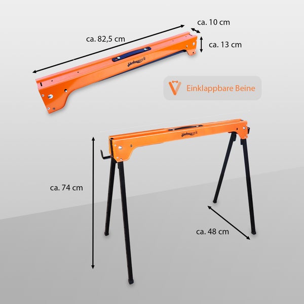 Zwei Darstellungen eines orangefarbenen Holmbauer-Sägebocks mit den Maßen circa 82,5 x 10 x 13 Zentimeter im zusammengeklappten Zustand und circa 74 x 48 Zentimeter mit ausgeklappten Beinen