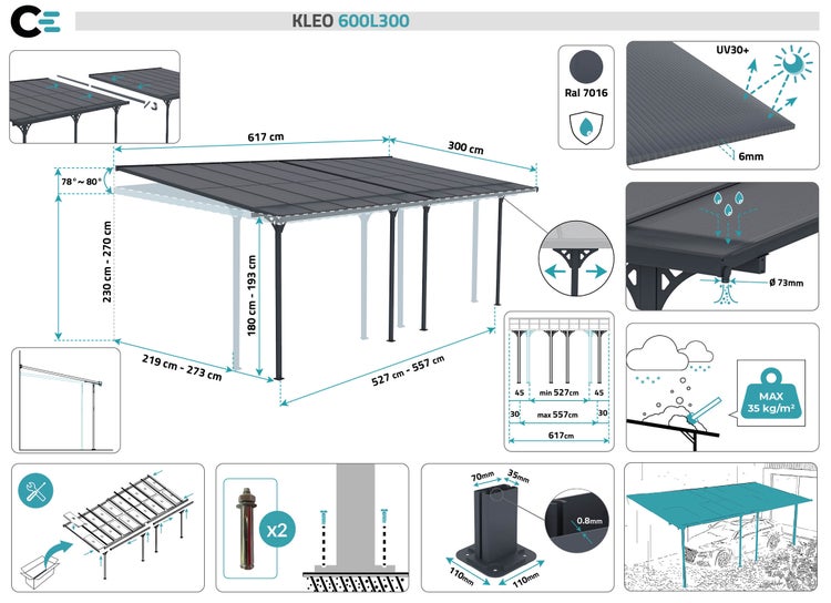 Angebaute Pergola/Carport 18m² KLEO 600L300 Aluminium Grau