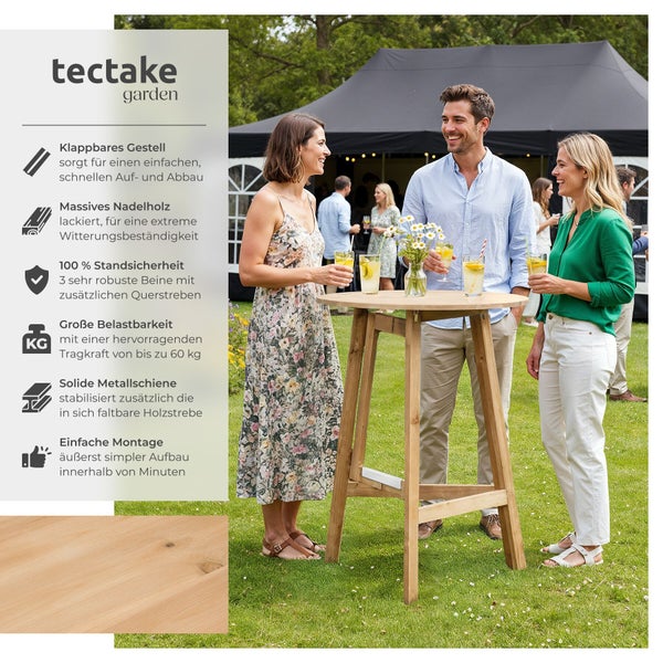 Heller Außenbereich mit einem runden, klappbaren Stehtisch aus massivem Nadelholz. Personen stehen bei einer Gartenparty zusammen. tectake garden Logo.