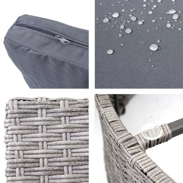 Detailaufnahmen von Gartenmöbeln aus grauem Polyrattan mit wasserabweisendem Sitzkissen mit Reißverschluss und transparentem Puffer.