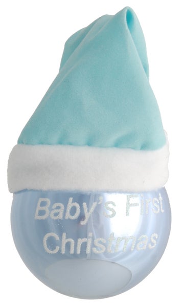 Hellblau 8cm Glaskugel mit Stoffmütze Babys first Christmas für Jungs undatiert, 1 Stck., Weihnachtsbaumkugeln, Christbaumschmuck, Weihnachtsbaumanhänger