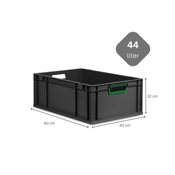 PROREGAL SuperSparSet 4x Eurobox NextGen Color, HxBxT 22x40x60cm, 44 Liter, Griffe grün offen, Verstärkter Boden, Schwarz, Eurobehälter, Transportbox, Transportbehälter, Stapelbehälter