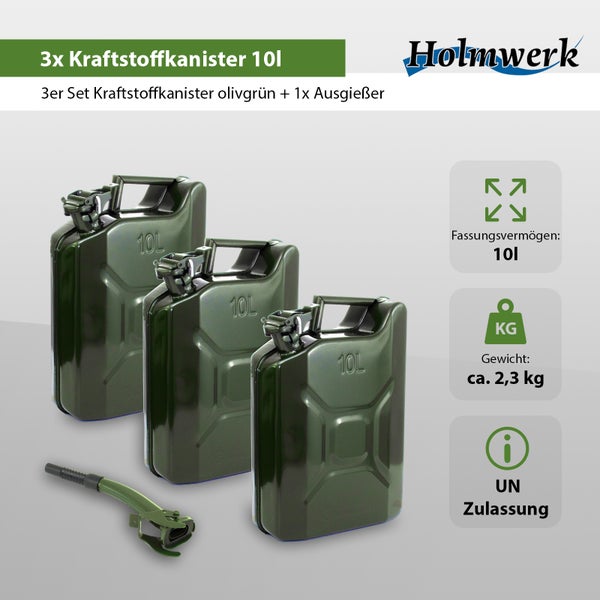 3x Kraftstoffkanister Olivgrün 10 Liter inkl. 1x Ausgießer