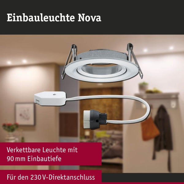Einbauleuchte Nova in hellem Raum. Rundes Design, verkettbar, 90 Millimeter Einbautiefe, für 230 Volt Direktanschluss, inklusive Anschlusskabel.