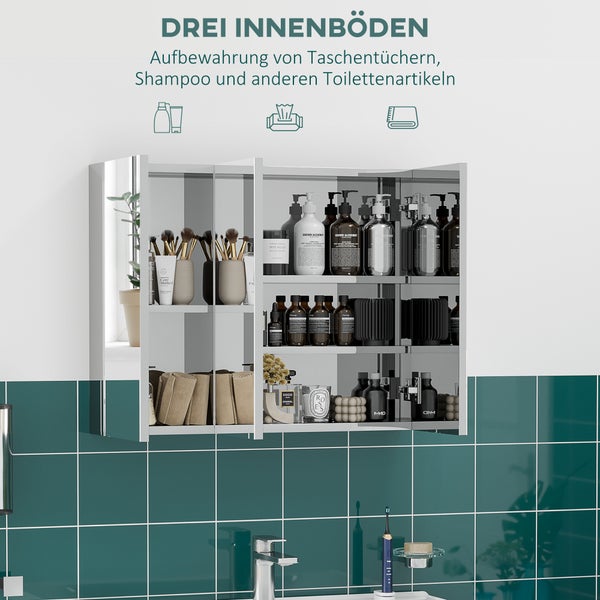 kleankin, Spiegelschrank, Badezimmerschrank, 70L x 12B x 55H cm, Edelstahl, Glas, Silber